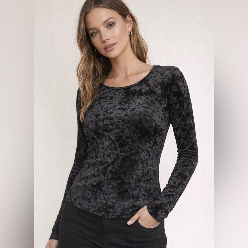 Michael Kors Black Crushed Velvet Long-Sleeve Top – Size S